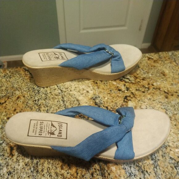 Women's Shoes US 11 Island Slipper Suade Thong Wedge Sandals Blue Fabric Slide - Picture 5 of 11